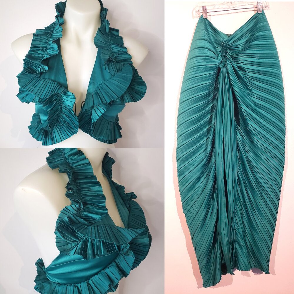 LUXXEL Deep Teal Emerald Green Ruffled Costume Piece w Halter Crop Top + Skirt
